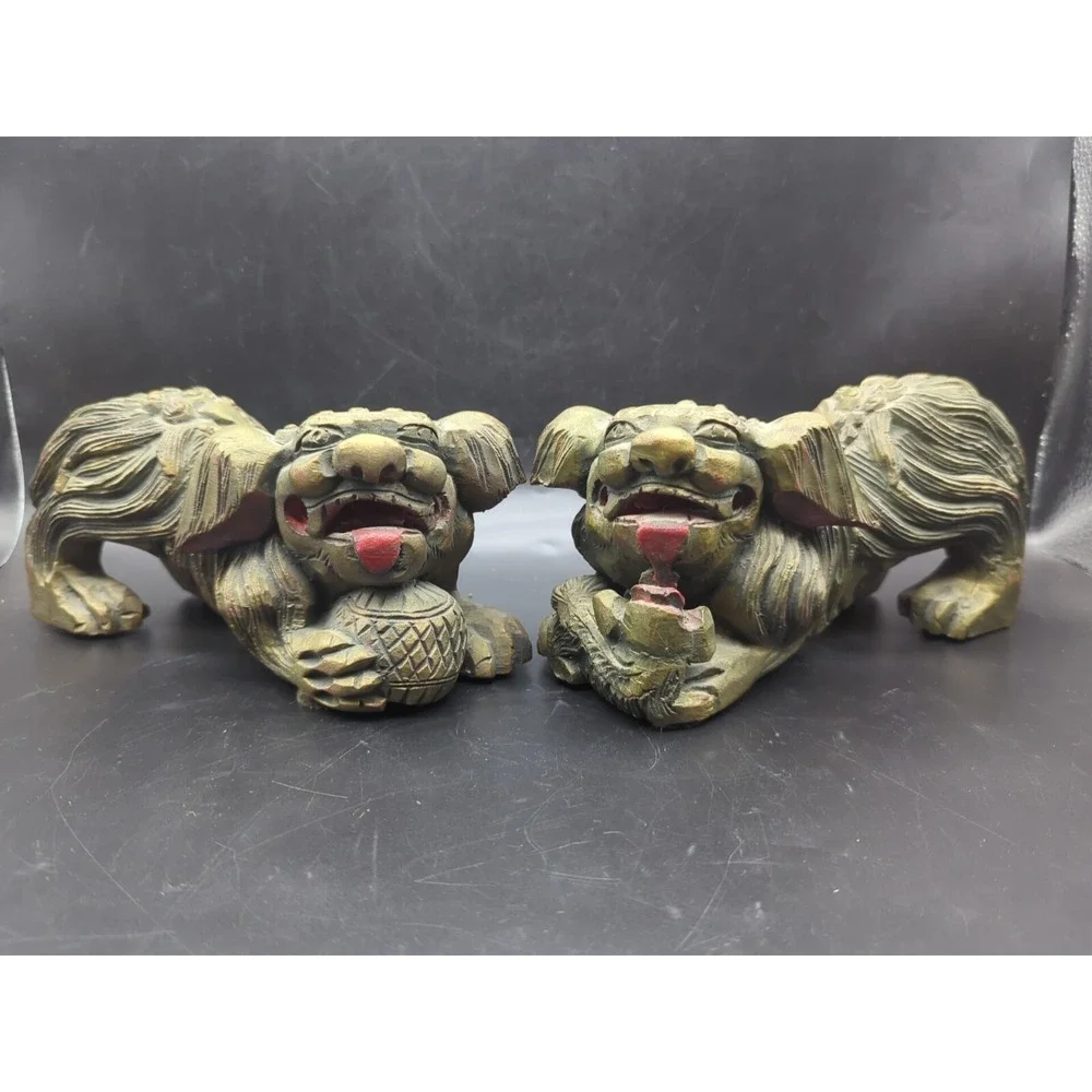 Pair of Vintage Chinese Gold Gilt Wood Carved Foo Dogs
